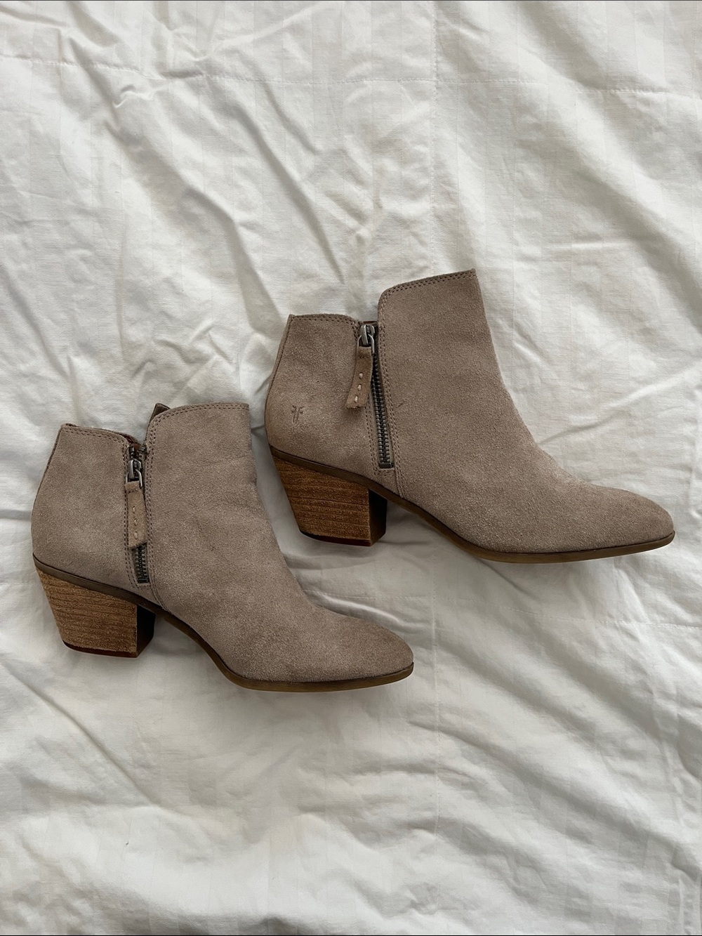 Frye Suede Ankle Booties in Taupe with Block Heel